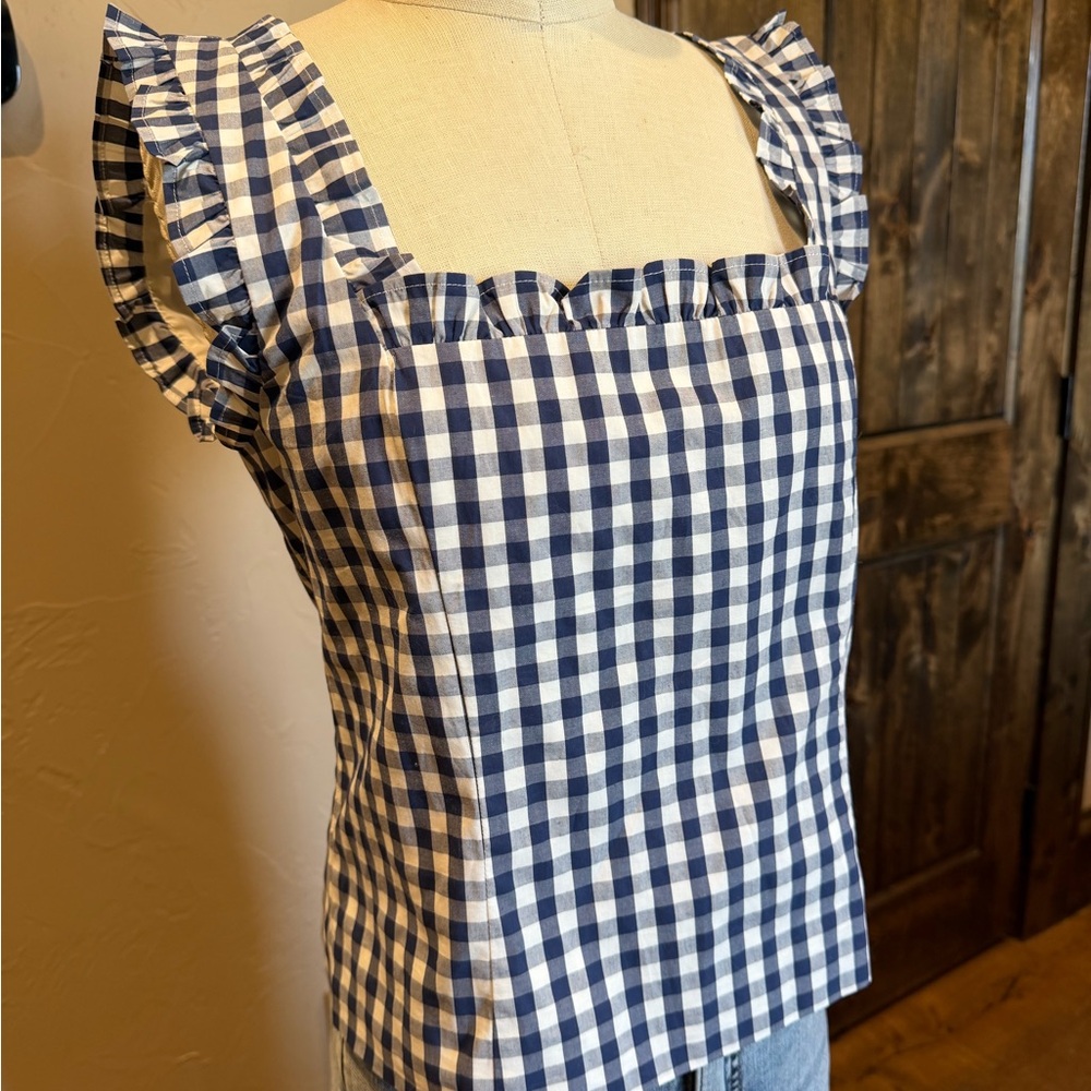 J. Crew Blue & White Gingham Ruffle-Strap Square Neck Tank